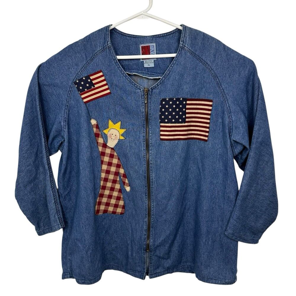 Sun Belt Denim Americana Shirt Full Zip Patchwork Long Sleeve Womens Sz XL Blue